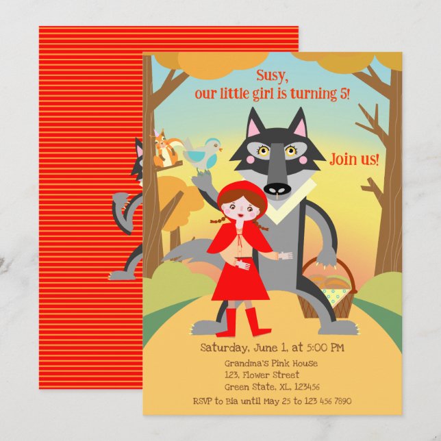 Invitation Fête d'anniversaire de fille du Petit Chaperon Rou (Devant / Derrière)