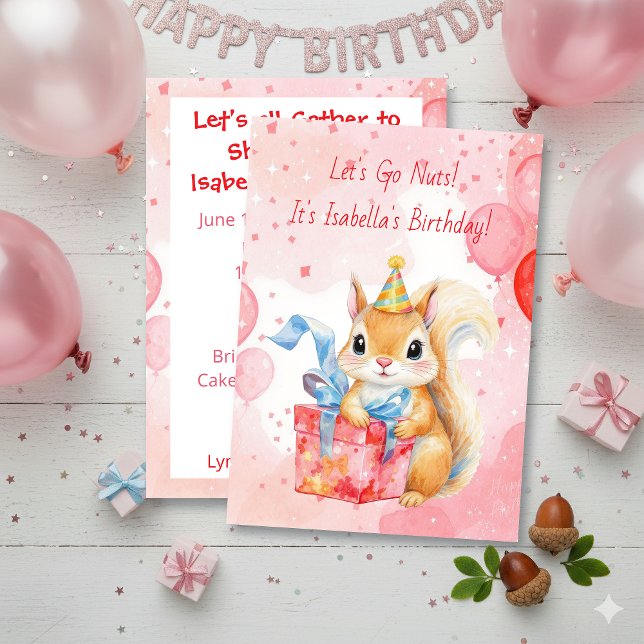 Invitation Fête d'anniversaire de fille  | Écureuil adorable  (Créateur téléchargé)