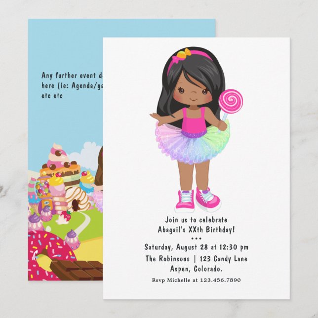Invitation Fête d'anniversaire de fille en tutu Candy Land (Devant / Derrière)