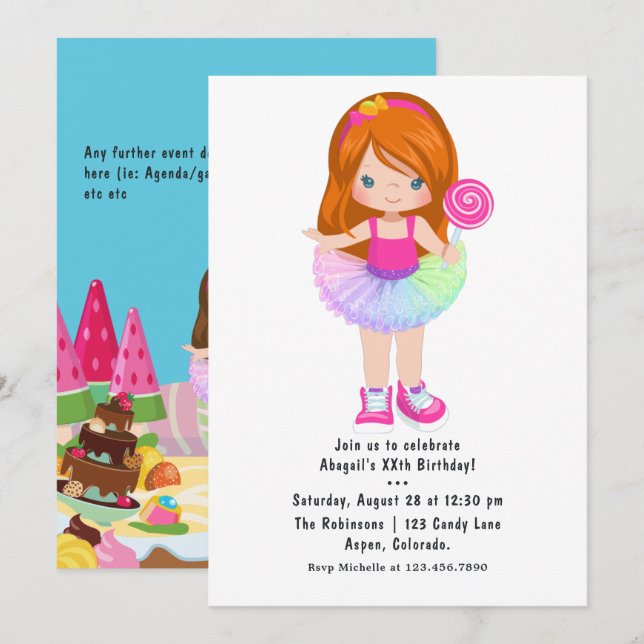 Invitation Fête d'anniversaire de fille en tutu Candy Land (Devant / Derrière)