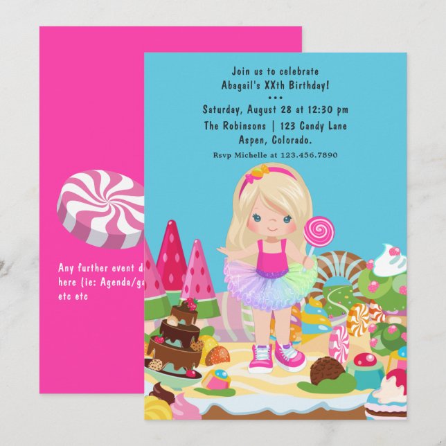 Invitation Fête d'anniversaire de fille en tutu Candy Land (Devant / Derrière)
