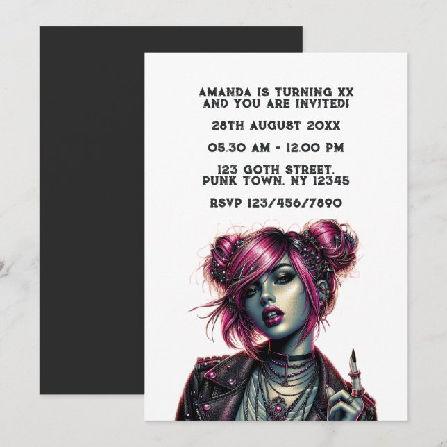 Invitation Fête d'anniversaire de fille gothique punk (Devant / Derrière)