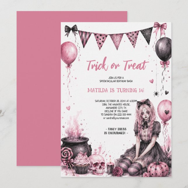 Invitation Fête d'anniversaire de fille Halloween gothique ro (Devant / Derrière)