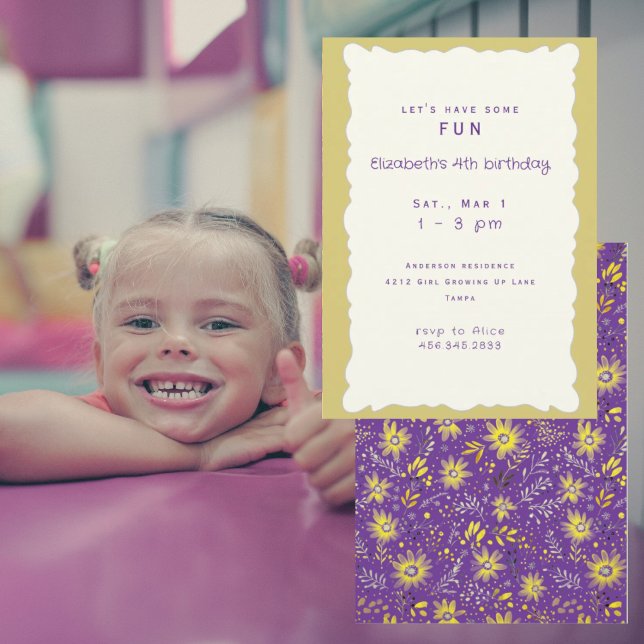 Invitation Fête d'anniversaire de fille jaune et violet (Créateur téléchargé)