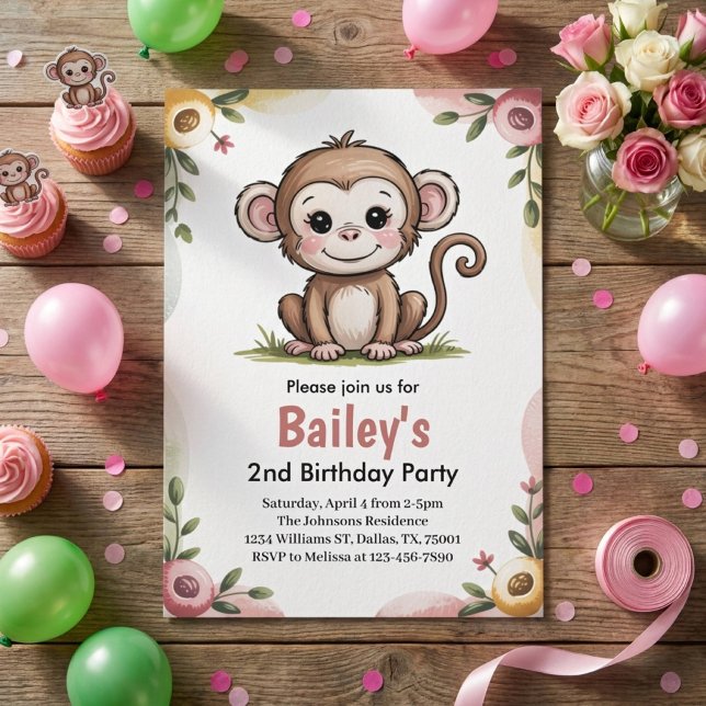 Invitation Fête d'anniversaire de fille mignonne singe jungle (Créateur téléchargé)