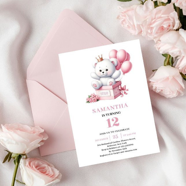 Invitation Fête d'anniversaire de fille Ourson Ballons roses  (Girl Birthday Party Teddy Bear Pink Ivory Balloons)