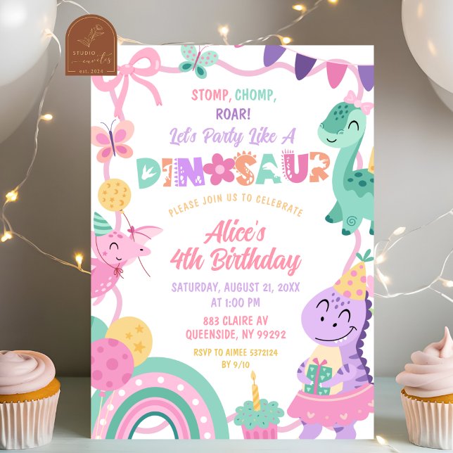 Invitation Fête d'anniversaire de fille pastel comme un dinos (Créateur téléchargé)