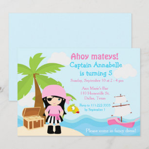 Invitation Fête d'anniversaire de fille pirate aux cheveux no