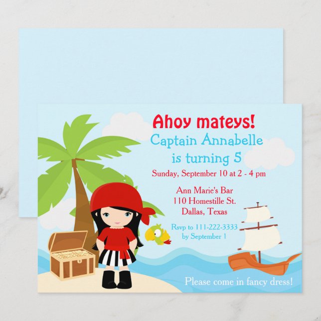 Invitation Fête d'anniversaire de fille pirate aux cheveux no (Devant / Derrière)