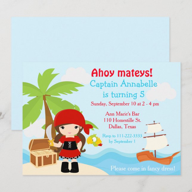 Invitation Fête d'anniversaire de fille pirate brunette migno (Devant / Derrière)