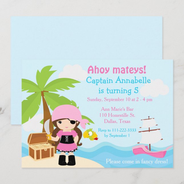 Invitation Fête d'anniversaire de fille pirate brunette migno (Devant / Derrière)