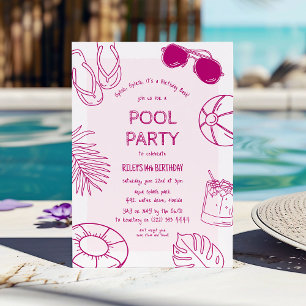 Invitation Fête d'anniversaire de fille Piscine avec Doodle F