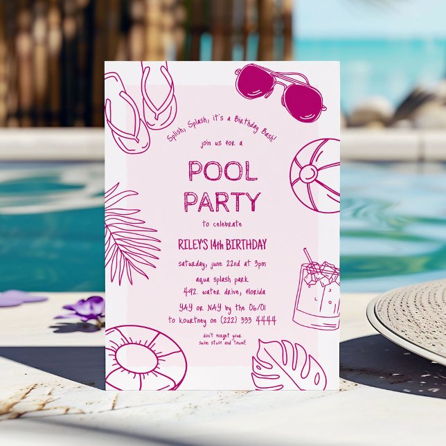 Invitation Fête d'anniversaire de fille Piscine avec Doodle F (Créateur téléchargé)