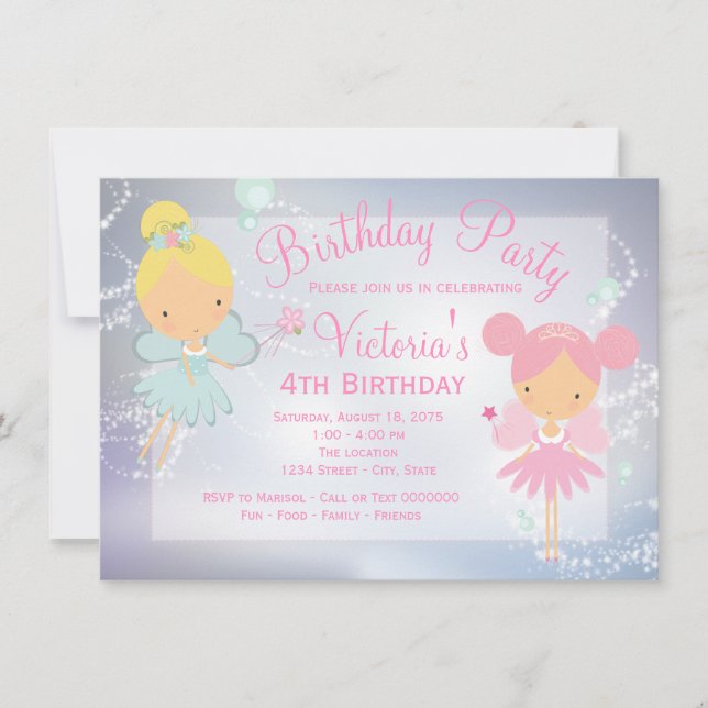 Invitation Fête d'anniversaire de fille princesse fée rose vi (Devant)
