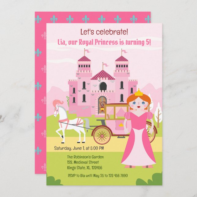 Invitation Fête d'anniversaire de fille princesse royale (Devant / Derrière)