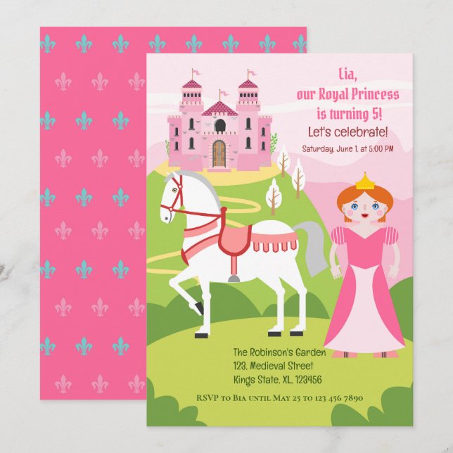 Invitation Fête d'anniversaire de fille princesse royale (Devant / Derrière)