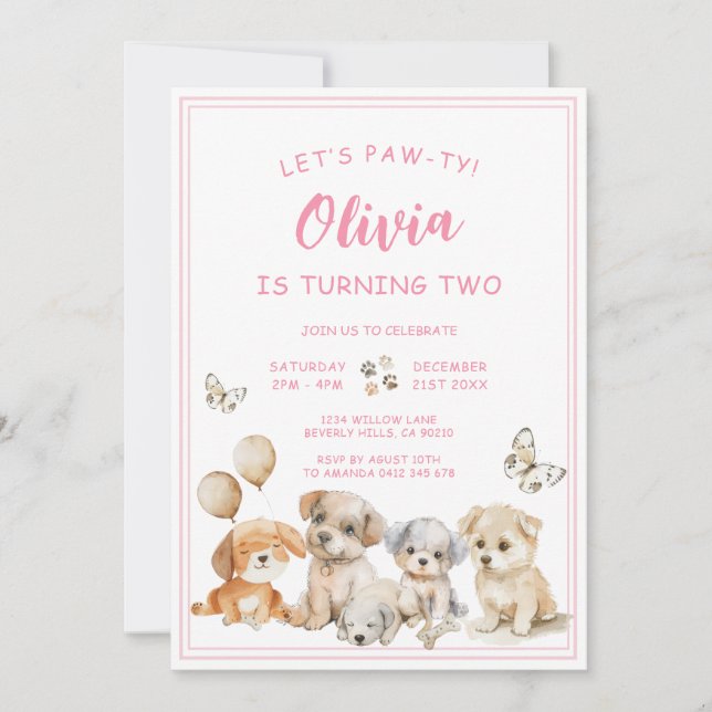 Invitation Fête d'anniversaire de fille rose pour chiot migno (Devant)