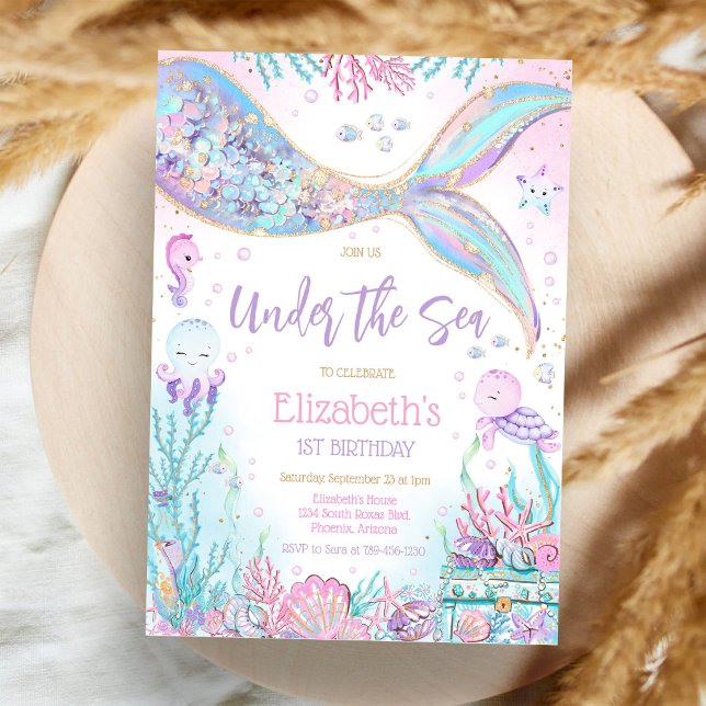 Invitation Fête d'anniversaire de fille sirène sous la mer  (Créateur téléchargé)