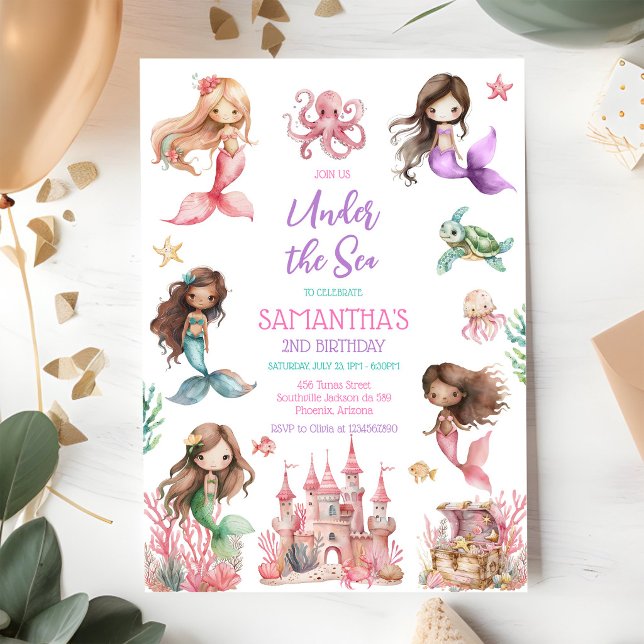 Invitation Fête d'anniversaire de fille sirène sous la mer (Créateur téléchargé)