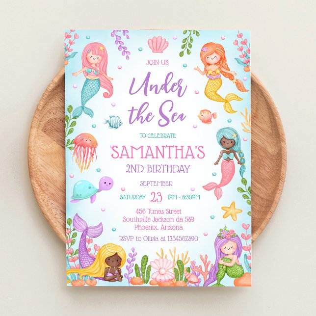 Invitation Fête d'anniversaire de fille sirène sous la mer (Créateur téléchargé)