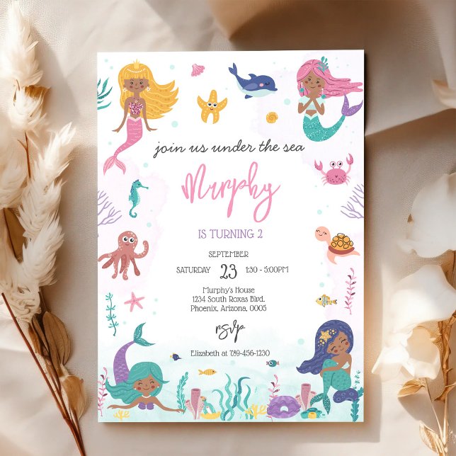 Invitation Fête d'anniversaire de fille sirène sous la mer (Créateur téléchargé)