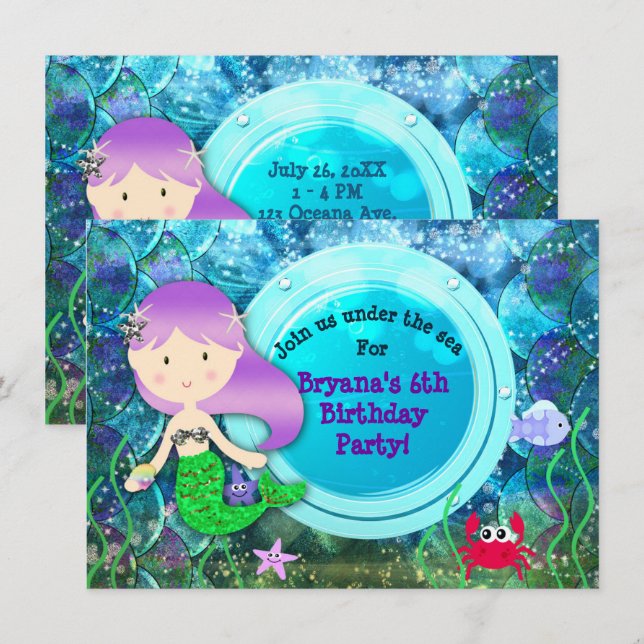 Invitation Fête d'anniversaire de fille sirène sous la plage  (Devant / Derrière)
