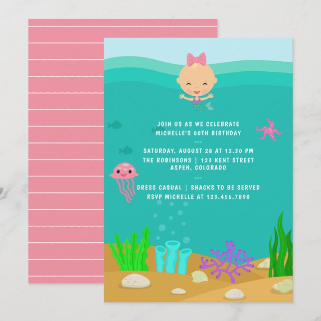 Invitation Fête d'anniversaire de fille sous la mer avec une  (Devant / Derrière)
