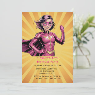 Invitation Fête d'anniversaire de fille super-héroïne rose 