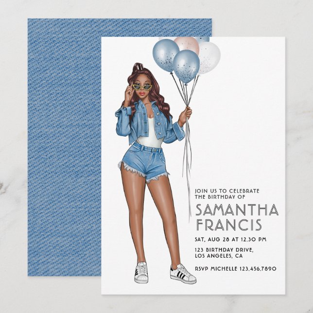 Invitation Fête d'anniversaire de fille sur le thème du denim (Devant / Derrière)