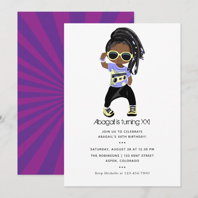Invitation Fête d'anniversaire de fille sur le thème Hip Hop (Devant / Derrière)