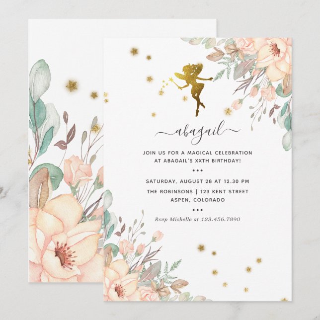 Invitation Fête d'anniversaire de fille thème fée rose et or (Devant / Derrière)