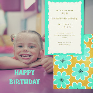 Invitation Fête d'anniversaire de fille turquoise florale
