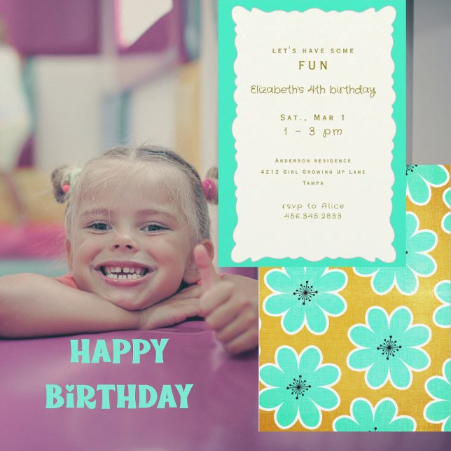 Invitation Fête d'anniversaire de fille turquoise florale (Créateur téléchargé)