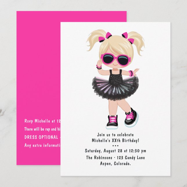 Invitation Fête d'anniversaire de fille tutu Cool Hip Hop Rap (Devant / Derrière)