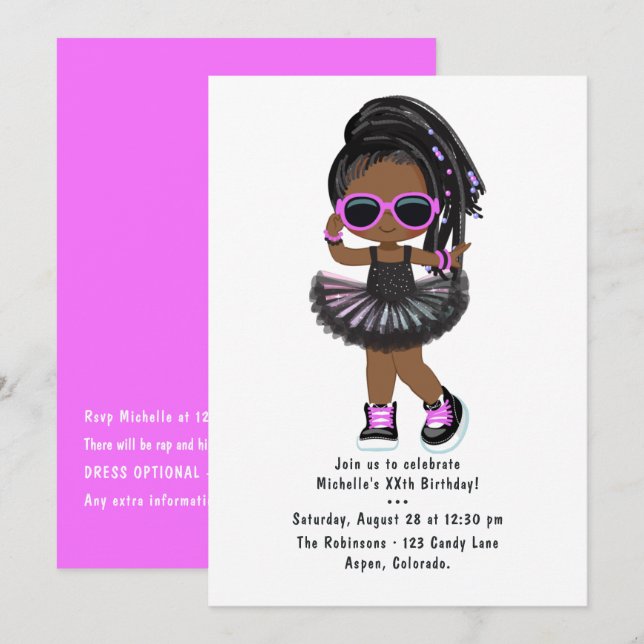 Invitation Fête d'anniversaire de fille tutu rap hip hop cool (Devant / Derrière)