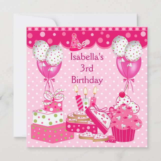 Invitation Fête d'anniversaire de filles 3 ans Gâteau rose ta (Devant)