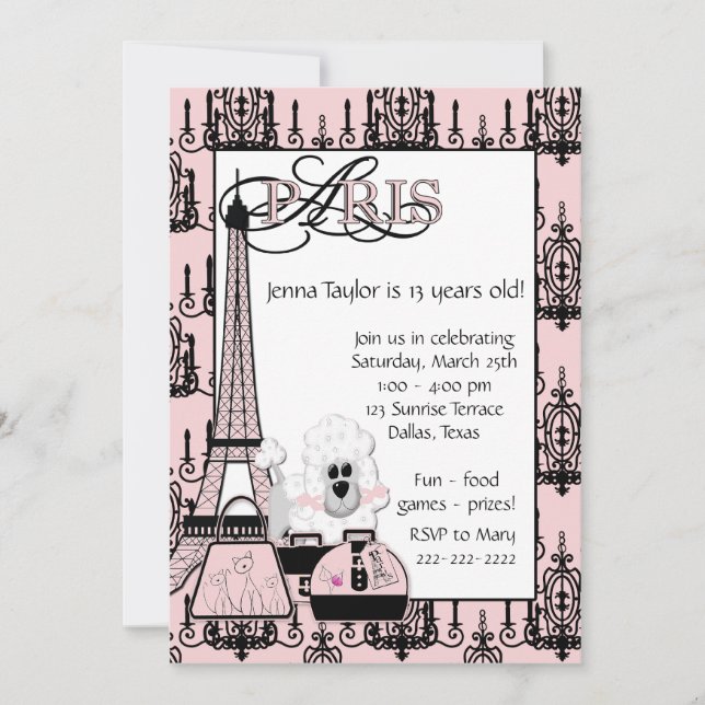 Invitation Fête d'anniversaire de filles au thème de Paris av (Devant)