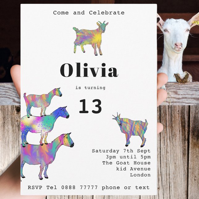 Invitation Fête d'anniversaire de filles avec des chèvres mig (Goat themed farm animal 13th birthday party invitation with fun colorful watercolor animal art)