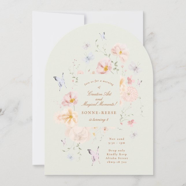 Invitation Fête d'anniversaire de filles avec papillon floral (Devant)