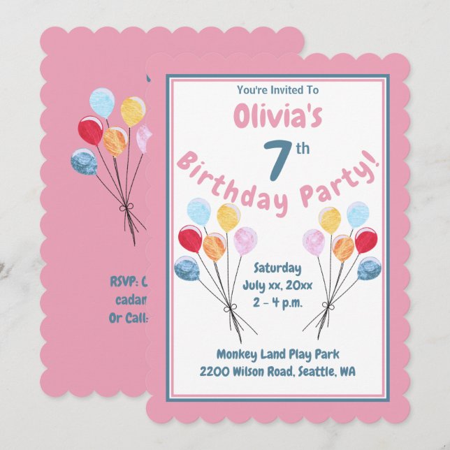 Invitation Fête d'anniversaire de filles Ballons roses  (Devant / Derrière)