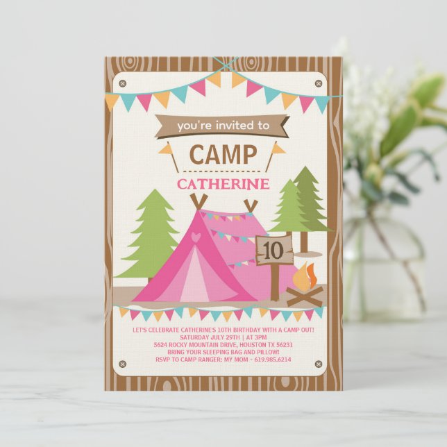 Invitation Fête d'anniversaire de filles Camping Anniversaire (Debout devant)
