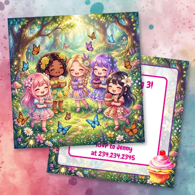 Invitation Fête d'anniversaire de filles Chibi diverses avec  (Créateur téléchargé)