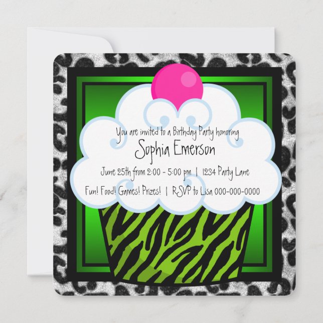 Invitation Fête d'anniversaire de filles Cupcake Zèbre Vert C (Dos)