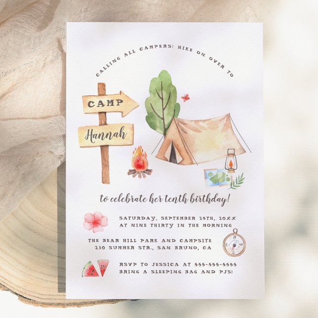 Invitation Fête d'anniversaire de filles de camping d'été à l (Créateur téléchargé)