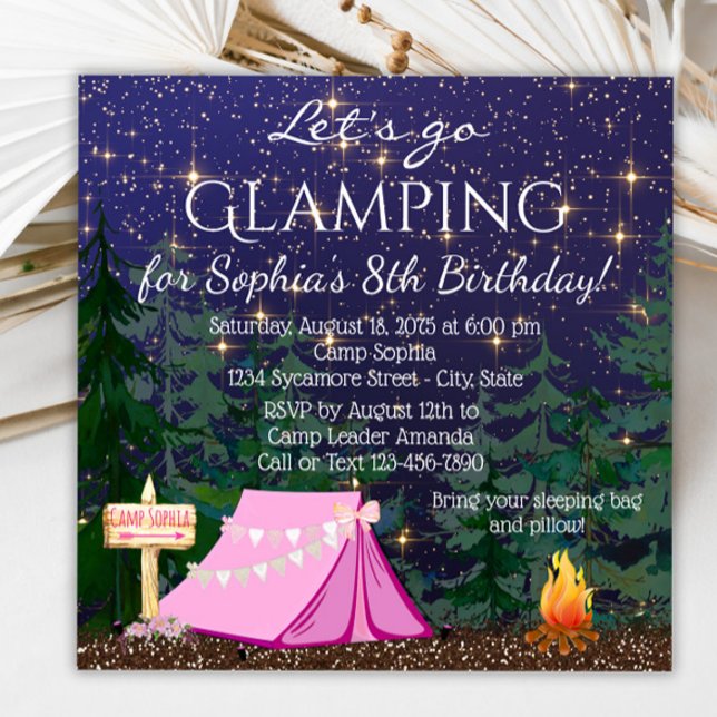 Invitation Fête d'anniversaire de filles en glamping (Glamping invitation with cute tent and campfire. Glamping invitation for any event. )