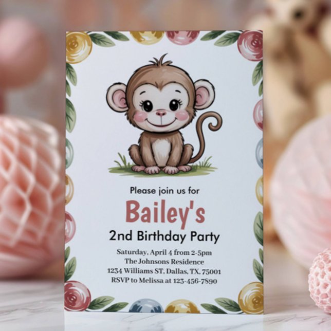 Invitation Fête d'anniversaire de filles mignonne singe jungl (Créateur téléchargé)