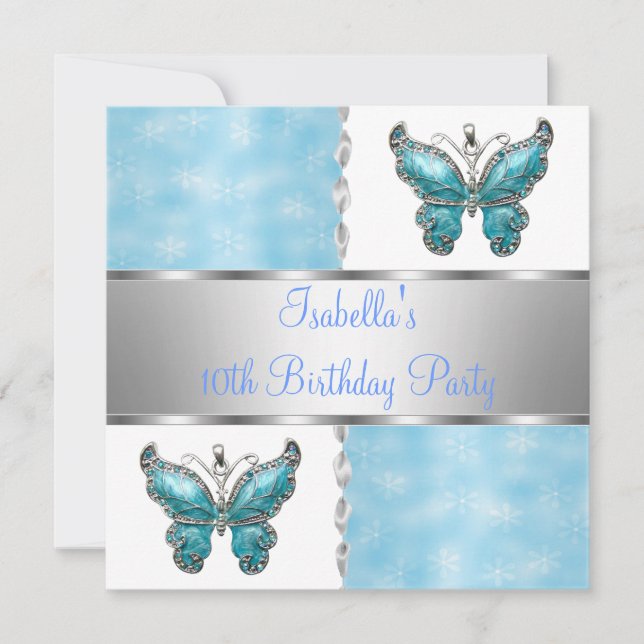 Invitation Fête d'anniversaire de filles Papillon Bleu Fleur  (Devant)