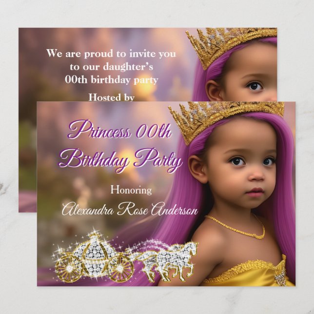 Invitation Fête d'anniversaire de filles princesse Carrosse v (Devant / Derrière)