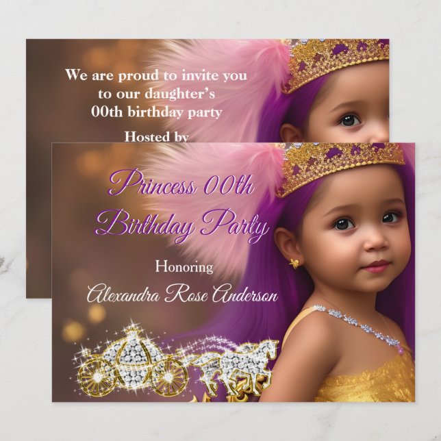 Invitation Fête d'anniversaire de filles princesse Carrosse v (Devant / Derrière)