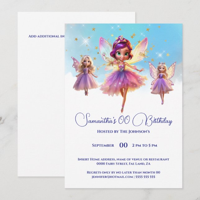 Invitation Fête d'anniversaire de filles princesse fée  (Devant / Derrière)
